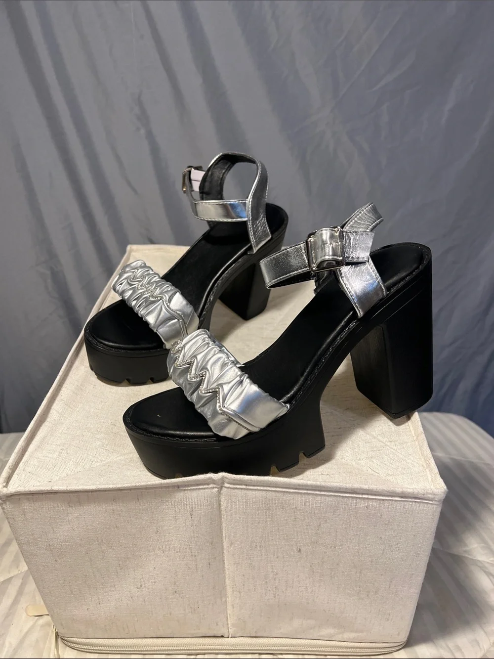 SHEIN Silver Ruched Platform Block Heel Sandals